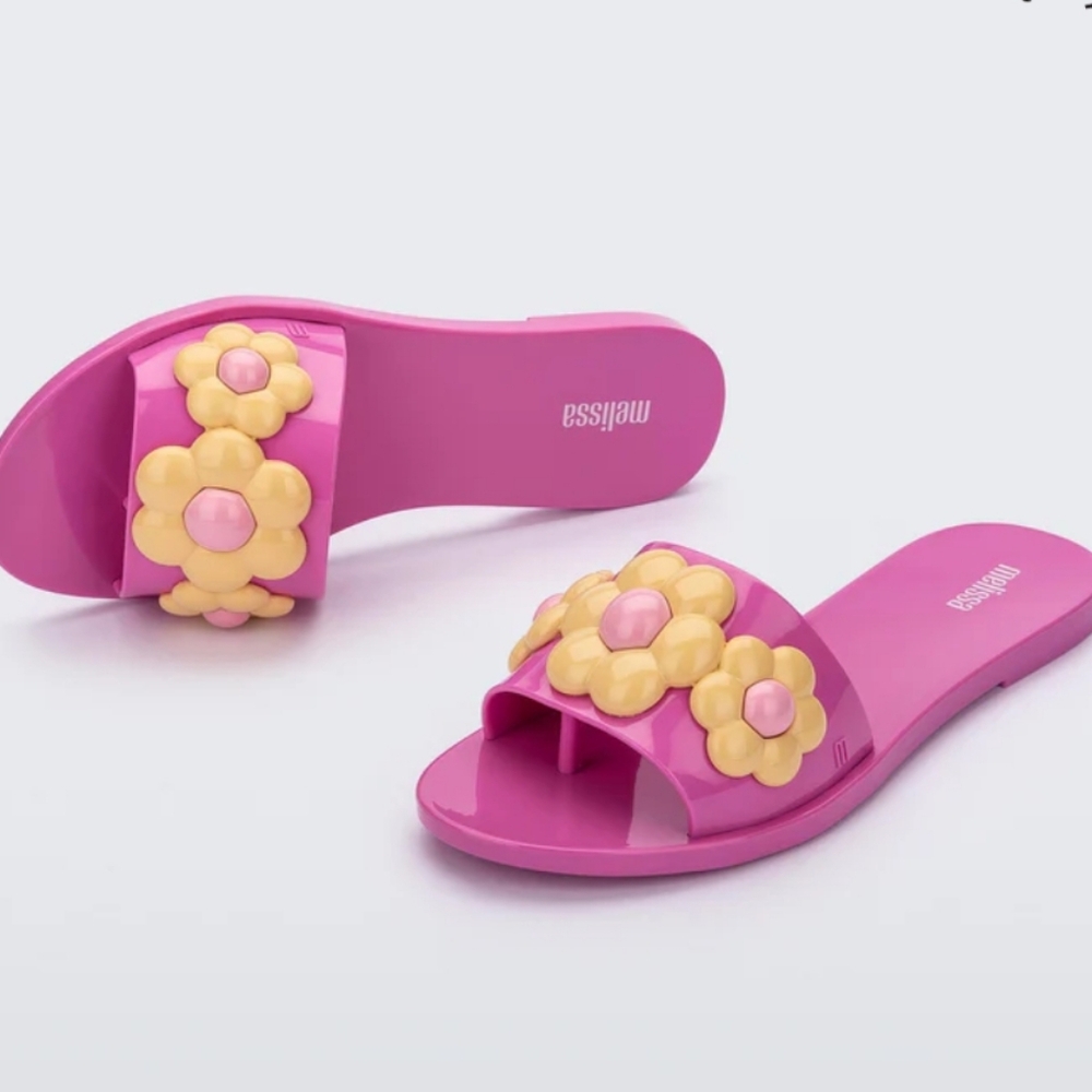 Melissa Women's Pink and Yellow Floral Slide Sandals 5